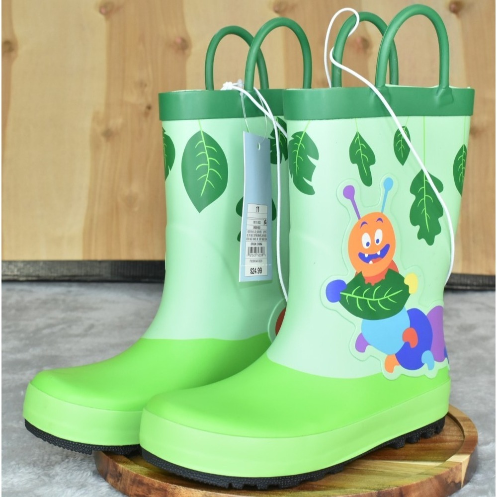 Cat & Jack Kesi Youth Rainboots Size 11 Green Caterpillar Waterproof Rubber Kids